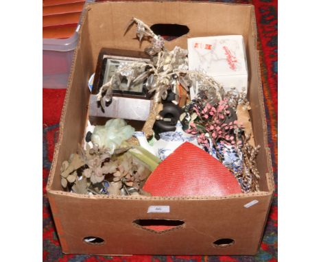 A box of miscellaneous including Art Deco mantel clock, vintage cased manicure set, hardstone bonsai trees and crockery etc. 
