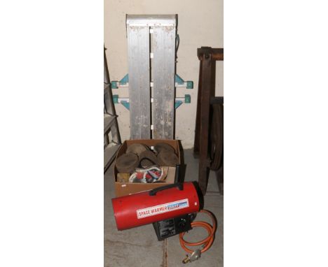A box of vintage tools, hobbing feet, cork floats, ceramic fuses, a Sealey gas space heater and a folding aluminum platform. 