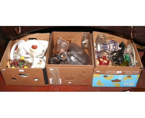 Three boxes of miscellaneous to include Royal Worcester wild harvest, ceramic horse and cart, glassware etc. 