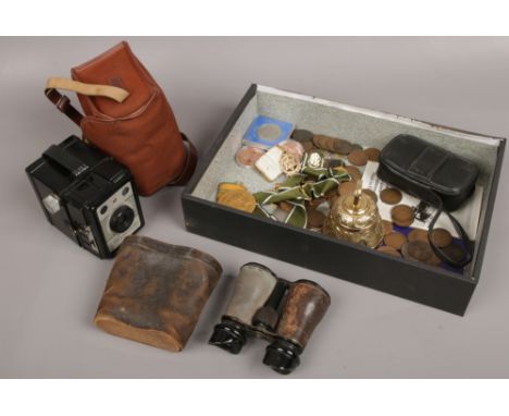 A box of collectables including Coronet Ambassador camera, masonic medals, pre decimal coins and field binoculars. 