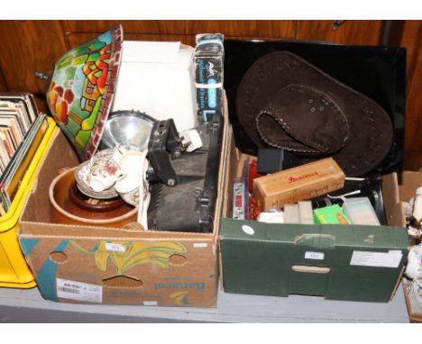 Two boxes of miscellaneous to include LG television, projector, dominoes, stoneware etc. 