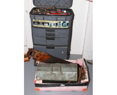 A Stanley rolling workshop, a toolbox and a box, all with contents of various tools. 