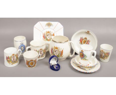 A collection of commemorative wares for King Edward VIII, ceramic jug, mugs, cabinet plates, pin plates, Wedgwood examples, a