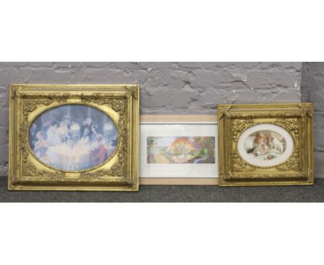 Two ornate gilt frame pictures to include girl, cat and dog example, along with a Bracha Lavee religious print. 