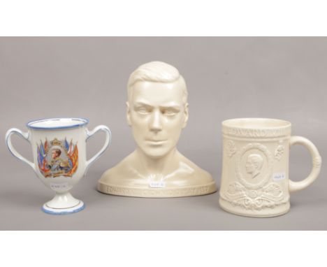 A Beswick cream pottery bust of Edward VIII height 23cm, a Shelley commemorative King Edward VIII loving mug to include music