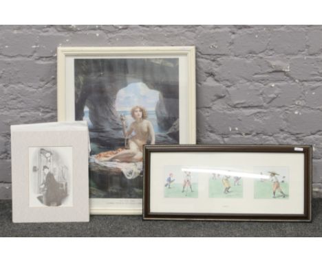 A Pear print titled at Low Tide along with a Laurel and Hardy print and a humorous golf print. 
