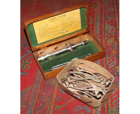 A box of United States American aircraft panel pins and associated tools along with aviation chobert riveters in fitted case.