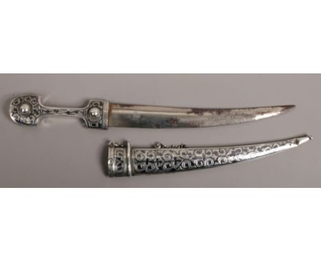 A miniature silver caucasian Kindjal dagger. Kokoshnik punch mark, 20.5cm long. 