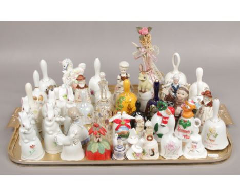A tray of ceramic bells to include Christmas, cut crystal examples. 