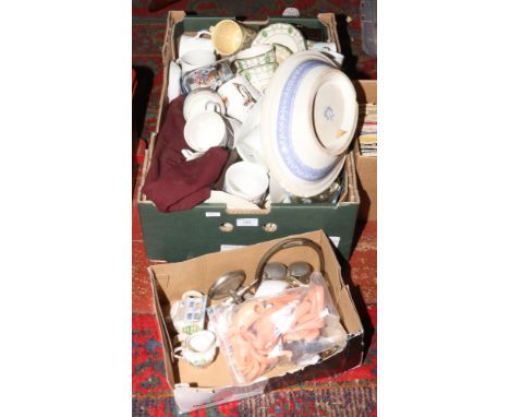 Two boxes of miscellaneous ceramics and glass to include commemorative wares, music stand, costume jewellery, Metamec quartz 