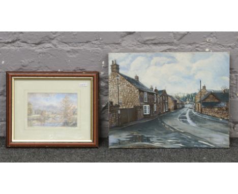 C. A. Cheetham, an unframed oil on board Bakewell street scene, along with a framed Kristan Baggaley signed print, Chatsworth