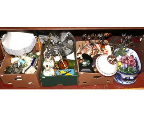 Three boxes of miscellaneous to include chrome fan, Royal Doulton bunnykins, blue and white planter, painted tiles etc. 
