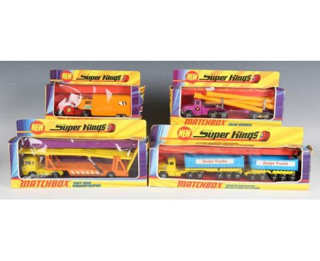 Four Matchbox Super Kings vehicles, comprising K-10 pipe truck, K-11 DAF car transporter, K-16 Dodge tractor with twin tipper