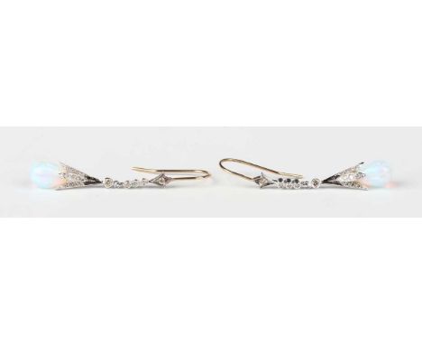 A pair of two colour gold, synthetic opal and diamond pendant earrings, each with a foliate capped synthetic opal drop and a 