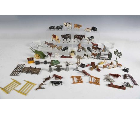 A collection of Britains and other lead farm animals and accessories, including cows, horses and a Charbens cart (faults, pla