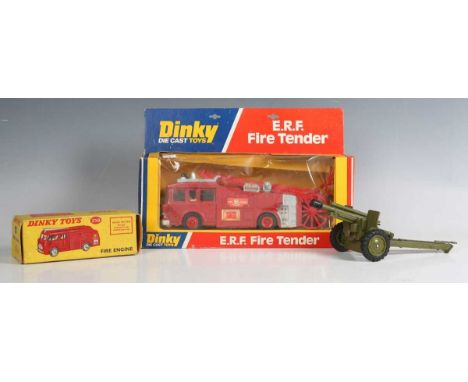 A Dinky Toys No. 259 fire engine, boxed, a No. 266 ERF fire tender, within a window box, and a field gun (boxes creased and s