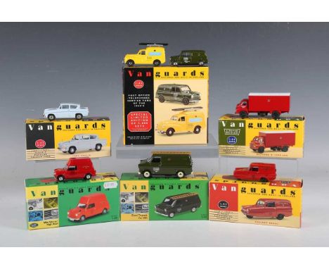 Twelve Lledo Vanguards 1:43 scale model vehicles, including VA 1011 Ford Anglia, VA 06604 Ford Transit van telecommunication 