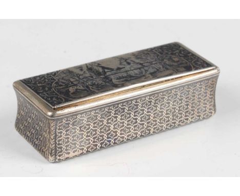 A 19th century French silver niello work rectangular snuff box, the hinged lid decorated with a scene of a hunter and dog tal