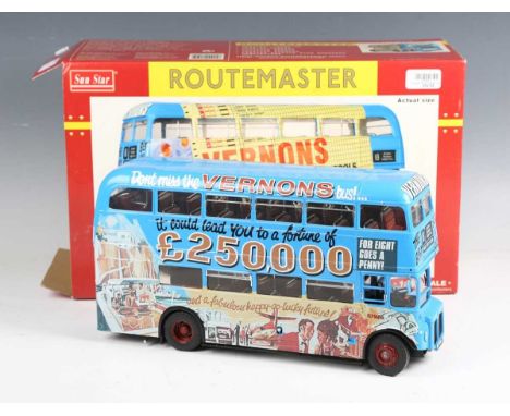 A Sun Star 1:24th scale model of a Routemaster London Transport bus in Vernons livery, boxed (lacking certificate, box has no