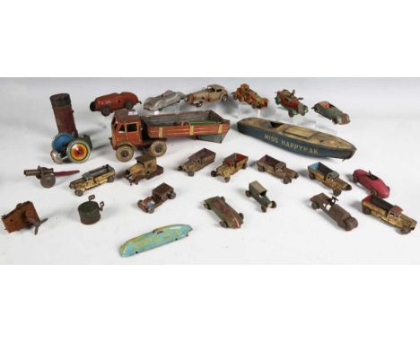 A collection of tinplate toys, including Gnom racing car, Chad Valley articulated lorry, Tri-ang Minic town car, speedboat 'M