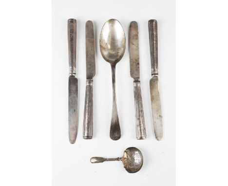 Three early Victorian silver handled and bladed dessert knives, Sheffield 1844 and 1845 by Aaron Hadfield, together with a si