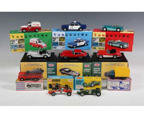 A collection of diecast vehicles and accessories, including Corgi Toys No. 155 Lotus-Climax Formula 1 racing car, No. 158 Lot