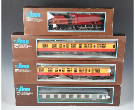 Six Lima gauge O railway items, comprising No. 6534 locomotive and tender LMS, two No. 6618 corridor coaches in red and cream