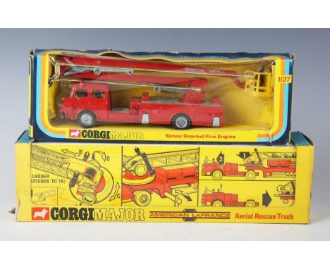 A Corgi Major No. 1143 aerial rescue truck, within a window box with retailer's card, and a No. 1127 Simon Snorkel fire engin