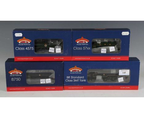 Four Bachmann Branch-Line gauge OO tank locomotives, comprising No. 32-215 Class 57XX in GWR green, No. 32-140 Class 4575 Pra