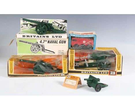 Four Britains model guns, comprising No. 9740 18" Heavy Howitzer, No. 9730 4.7 naval gun, both within window boxes, No. 9730 
