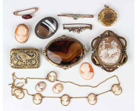 A small group of jewellery, including a 9ct gold mounted oval shell cameo pendant brooch, carved as a portrait of a lady, len