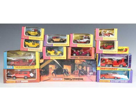 A collection of Matchbox vehicles, including Super Kings K-9 fire tender, Speed Kings K-64 fire control Range Rover, Fire Eng