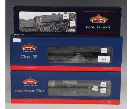 Three Bachmann Branch-Line gauge OO locomotives and tenders, comprising No. 31-628DC Class 3F 43620 in BR black with late cre