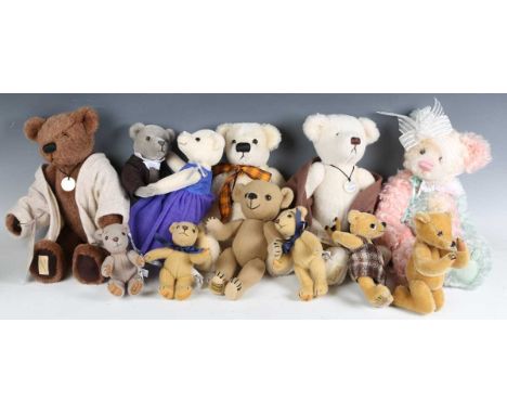 A group of modern teddy bears, including Merrythought, Deans and a Charlie Bears Tutti Frutti bear, 75/100.