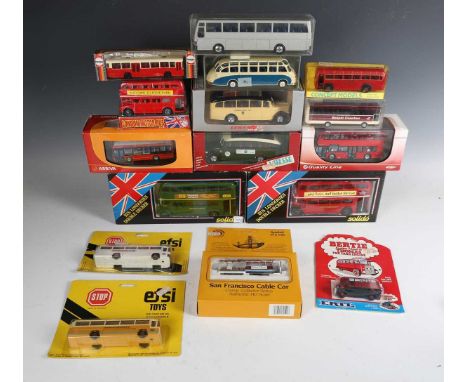 A collection of diecast model coaches, buses and other vehicles, including two Solido Routemaster double decker London buses,