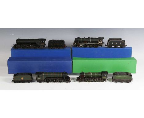 Eight Bachmann Branch-Line locomotives and tenders in BR black, LMS green and LNER liveries, some with weathered finish.