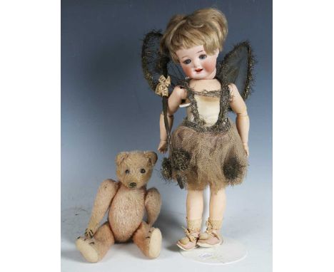 A Heubach Köppelsdorf bisque head fairy doll, impressed '3-Z 9/0', with blonde wig, sleeping blue eyes, painted eyebrows and 