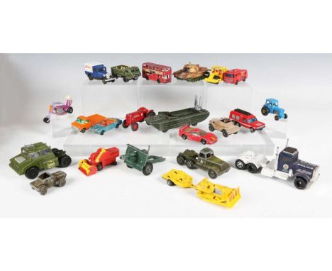 A collection of Matchbox vehicles, including Superfast No. 42 Mercedes container truck, No. 1 Dodge Challenger and No. 17 The