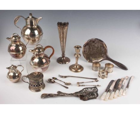 A small group of silver, including a candlestick of baluster form with reeded bands, Birmingham 1913, height 12.5cm, a specim