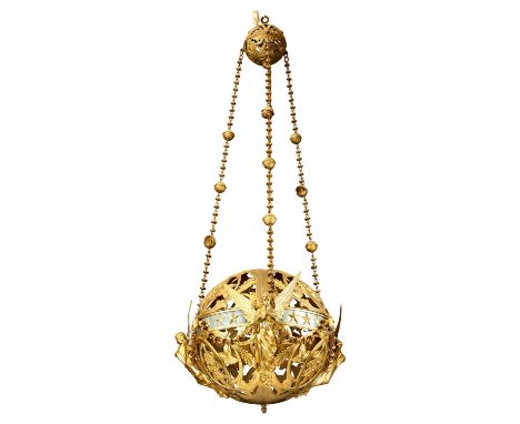 A GILT METAL OPENWORK CAST HALL LANTERN LATE 19TH CENTURYOf foliate and scroll design, the three angel figures supporting the
