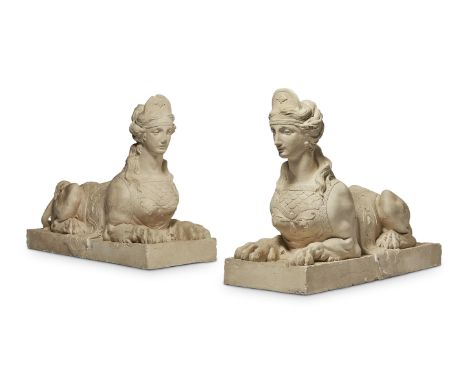 A PAIR OF PAINTED PLASTER MODELS OF SPHINGES TO DESIGNS BY ROBERT ADAM20TH CENTURYThe creatures portrayed recumbent and weari