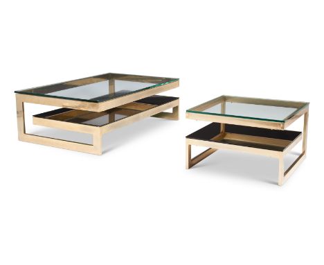 A GRADUATED PAIR OF CANTILEVER COFFEE TABLESPOSSIBLY ITALIAN, 1970SChrome, glass and smoked glassThe first 38cm high, 120cm w