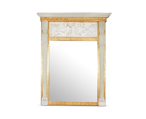A MONUMENTAL GILTWOOD AND PLASTER MOUNTED WALL MIRROR19TH CENTURY AND LATEROf large impressive proportion, the central tablet