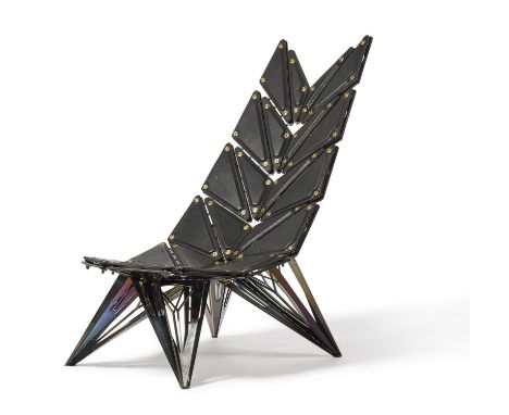 A CRYSTAL INSPIRED LOUNGE CHAIR BY IAN DOUGLAS-JONES (ATELIER I-N-D-J, ESTABLISHED 2009)Black finished steel, black calf leat