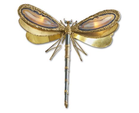 A GILT METAL AND COLOURED AGATE INSECT WALL LIGHTHENRI FERNANDEZ FOR ATELIER JACQUES DUVAL-BRASSEUR, 1970SIn the form of a dr