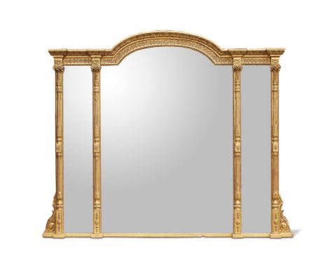 A VICTORIAN CARVED GILTWOOD AND COMPOSITION OVERMANTEL WALL MIRRORCIRCA 1870The central arched plate flanked by further plate