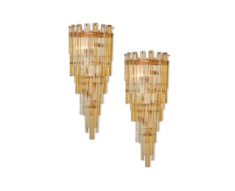 A PAIR OF WATERFALL WALL LIGHTSPROBABLY ITALIAN, CIRCA 1970Clear and amber tinted panels, gilt metal, each with six lights90c