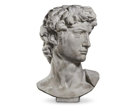 AN OVERSIZED PLASTER BUST OF DAVIDMODERN, AFTER MICHELANGELOWith variegated grey and white finish117cm high, 78cm wide, overa