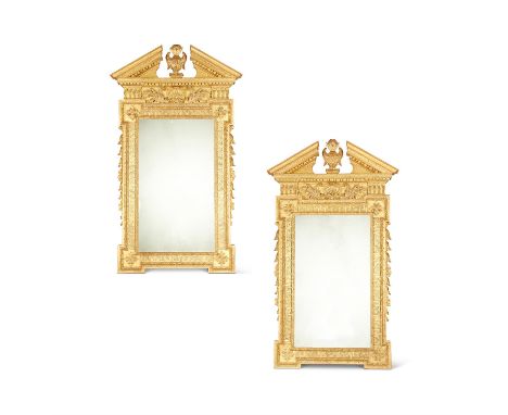 A PAIR OF GILTWOOD AND COMPOSITION WALL MIRRORS IN GEORGE II STYLE 20TH CENTURYIn the manner of William Kent165cm high, 85cm 
