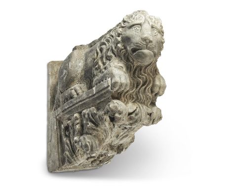 A PLASTER ARCHITECTURAL BRACKET19TH CENTURYPossibly after a Romanesque example, modelled with a crouching lion with flowing m